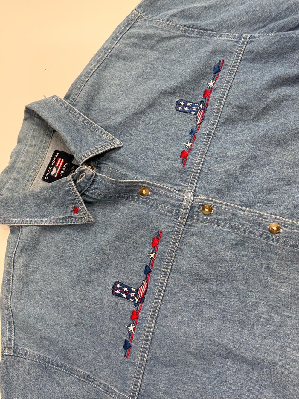 Vintage Quiz Woman Denim Shirt Size 16 Patriotic Western Embroidered Button Up